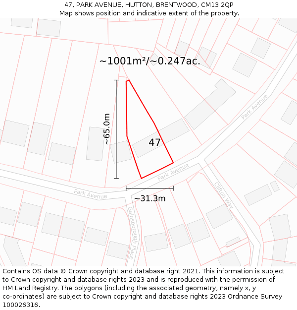 47, PARK AVENUE, HUTTON, BRENTWOOD, CM13 2QP: Plot and title map