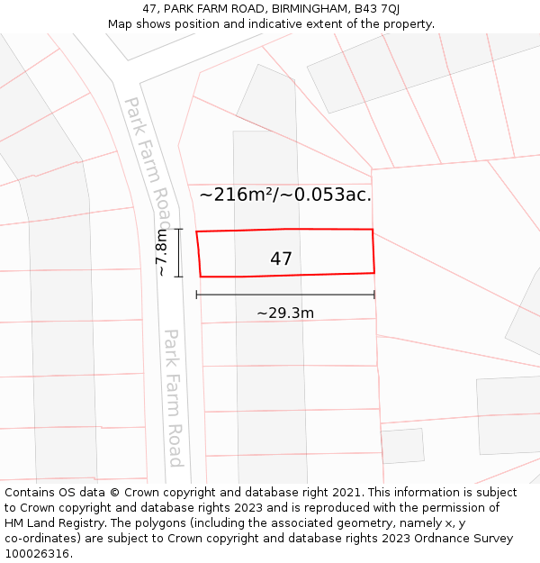 47, PARK FARM ROAD, BIRMINGHAM, B43 7QJ: Plot and title map