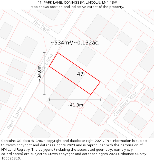 47, PARK LANE, CONINGSBY, LINCOLN, LN4 4SW: Plot and title map