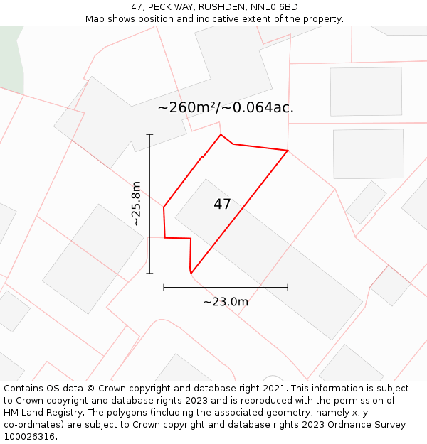 47, PECK WAY, RUSHDEN, NN10 6BD: Plot and title map