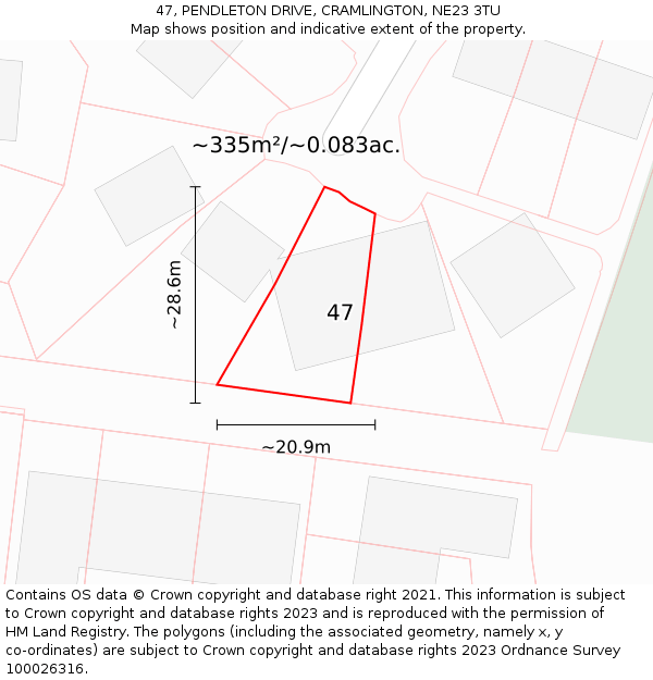 47, PENDLETON DRIVE, CRAMLINGTON, NE23 3TU: Plot and title map