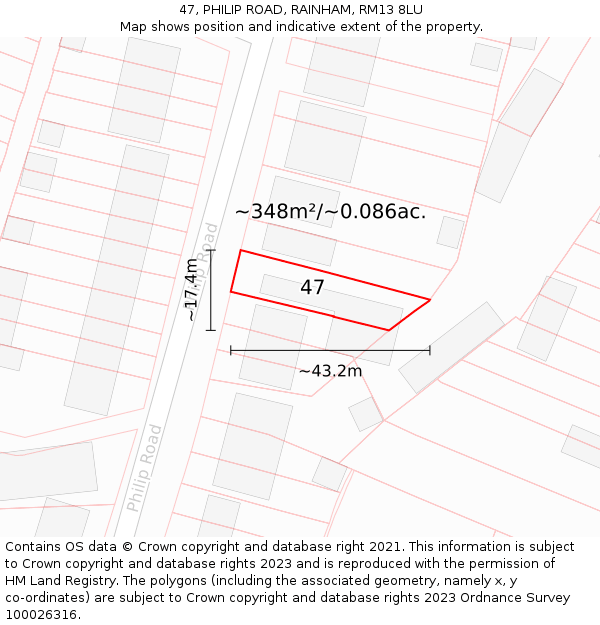 47, PHILIP ROAD, RAINHAM, RM13 8LU: Plot and title map
