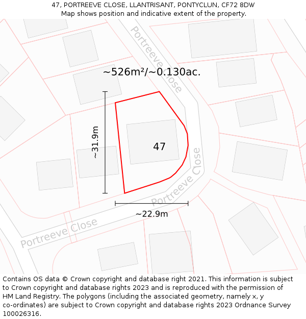 47, PORTREEVE CLOSE, LLANTRISANT, PONTYCLUN, CF72 8DW: Plot and title map