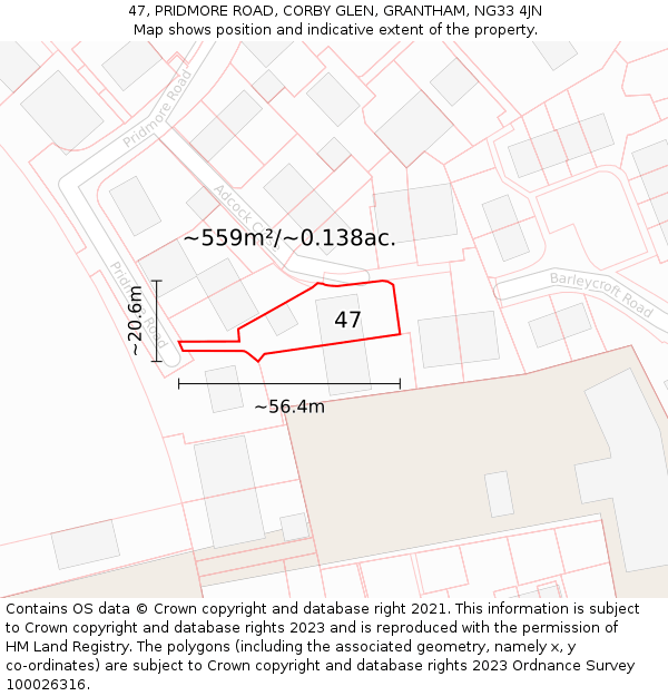 47, PRIDMORE ROAD, CORBY GLEN, GRANTHAM, NG33 4JN: Plot and title map
