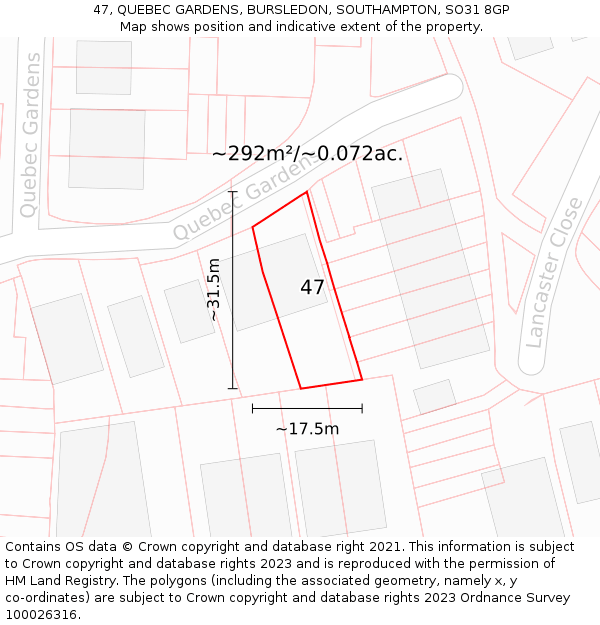 47, QUEBEC GARDENS, BURSLEDON, SOUTHAMPTON, SO31 8GP: Plot and title map
