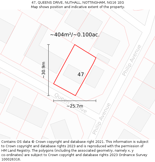 47, QUEENS DRIVE, NUTHALL, NOTTINGHAM, NG16 1EG: Plot and title map