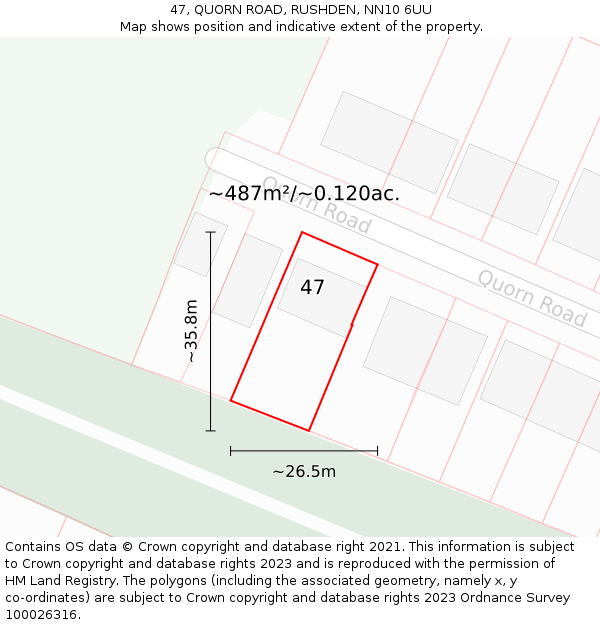 47, QUORN ROAD, RUSHDEN, NN10 6UU: Plot and title map