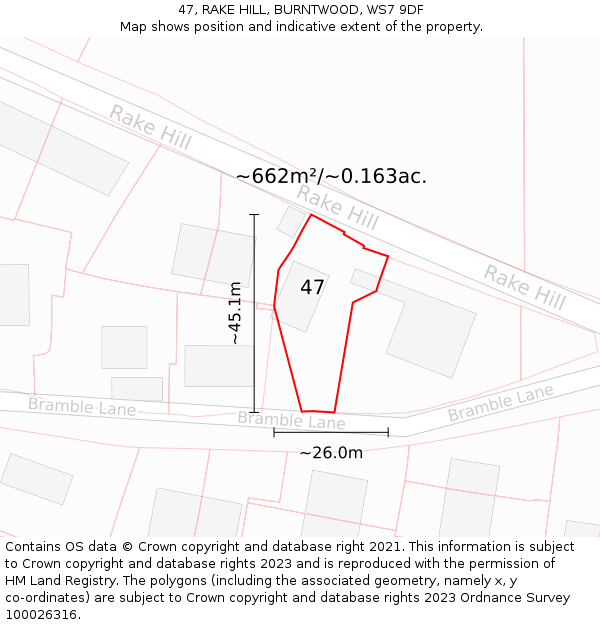 47, RAKE HILL, BURNTWOOD, WS7 9DF: Plot and title map