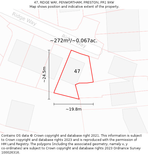 47, RIDGE WAY, PENWORTHAM, PRESTON, PR1 9XW: Plot and title map
