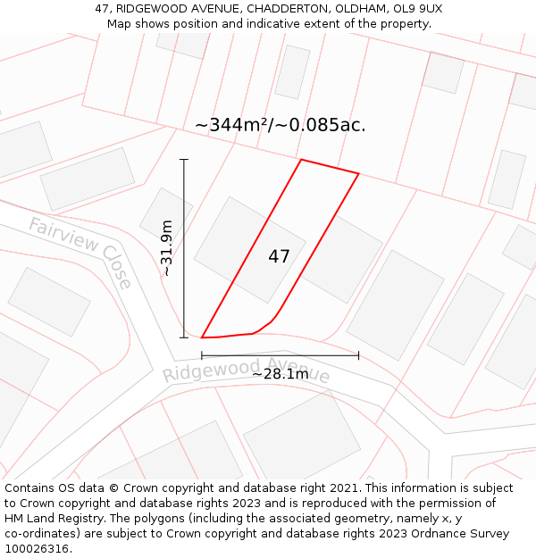 47, RIDGEWOOD AVENUE, CHADDERTON, OLDHAM, OL9 9UX: Plot and title map
