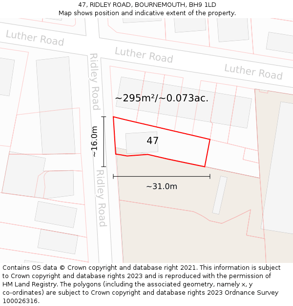 47, RIDLEY ROAD, BOURNEMOUTH, BH9 1LD: Plot and title map