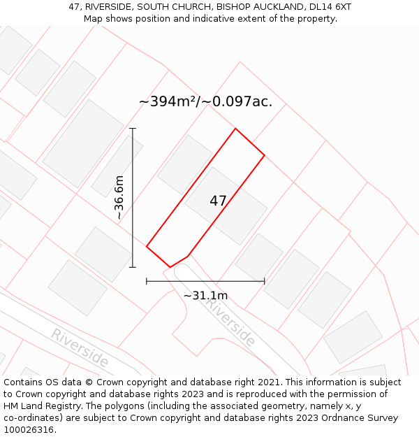 47, RIVERSIDE, SOUTH CHURCH, BISHOP AUCKLAND, DL14 6XT: Plot and title map