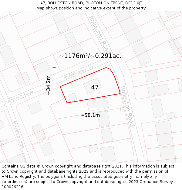 47, ROLLESTON ROAD, BURTON-ON-TRENT, DE13 0JT: Plot and title map