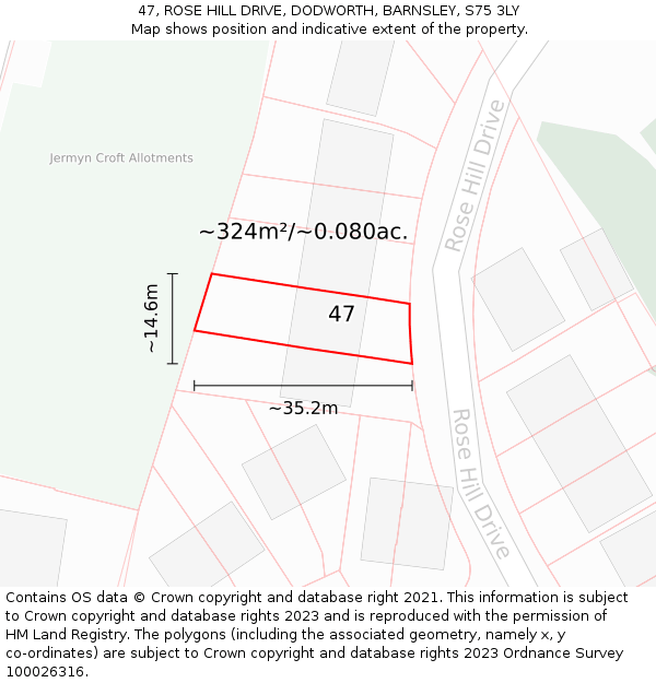 47, ROSE HILL DRIVE, DODWORTH, BARNSLEY, S75 3LY: Plot and title map