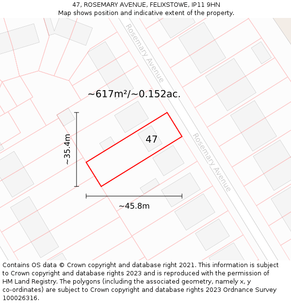 47, ROSEMARY AVENUE, FELIXSTOWE, IP11 9HN: Plot and title map