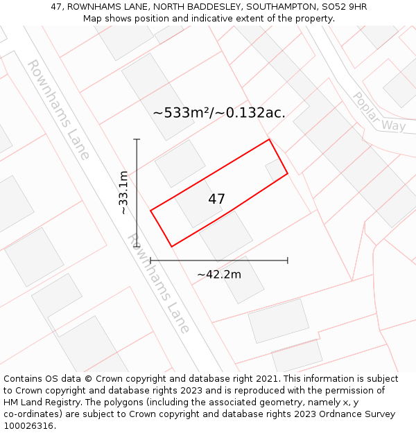 47, ROWNHAMS LANE, NORTH BADDESLEY, SOUTHAMPTON, SO52 9HR: Plot and title map
