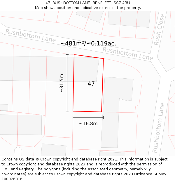 47, RUSHBOTTOM LANE, BENFLEET, SS7 4BU: Plot and title map