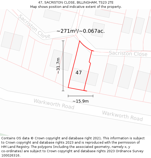 47, SACRISTON CLOSE, BILLINGHAM, TS23 2TE: Plot and title map