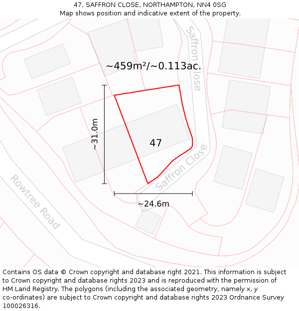 47, SAFFRON CLOSE, NORTHAMPTON, NN4 0SG: Plot and title map