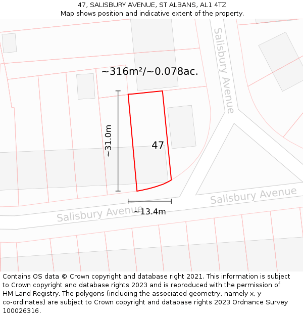 47, SALISBURY AVENUE, ST ALBANS, AL1 4TZ: Plot and title map
