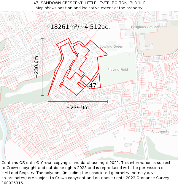 47, SANDOWN CRESCENT, LITTLE LEVER, BOLTON, BL3 1HF: Plot and title map