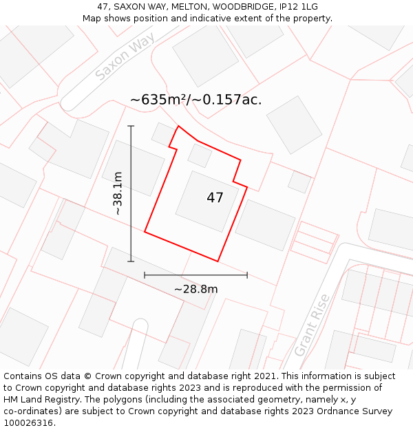 47, SAXON WAY, MELTON, WOODBRIDGE, IP12 1LG: Plot and title map