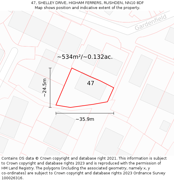 47, SHELLEY DRIVE, HIGHAM FERRERS, RUSHDEN, NN10 8DF: Plot and title map
