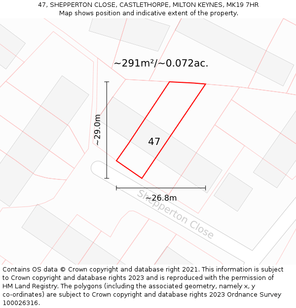 47, SHEPPERTON CLOSE, CASTLETHORPE, MILTON KEYNES, MK19 7HR: Plot and title map