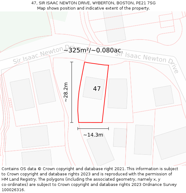 47, SIR ISAAC NEWTON DRIVE, WYBERTON, BOSTON, PE21 7SG: Plot and title map
