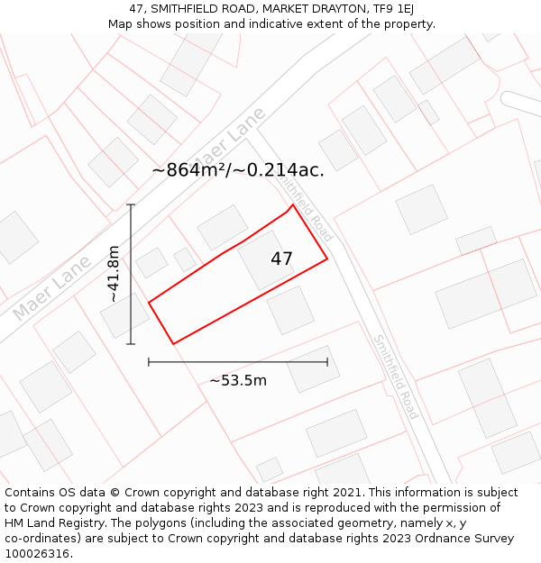 47, SMITHFIELD ROAD, MARKET DRAYTON, TF9 1EJ: Plot and title map