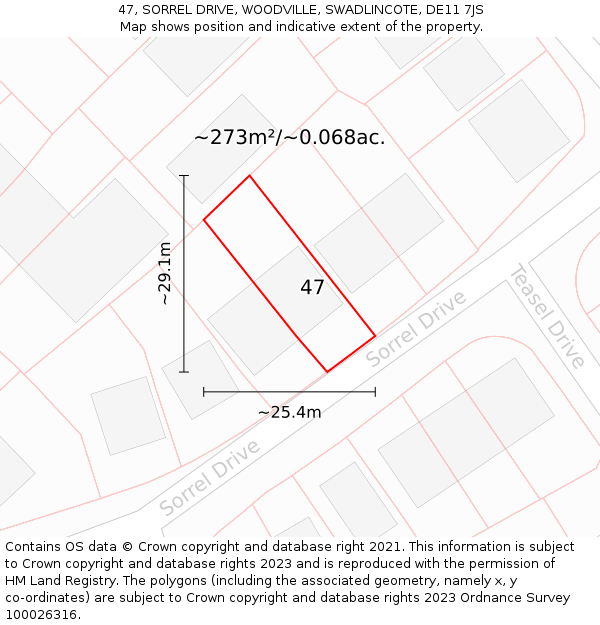 47, SORREL DRIVE, WOODVILLE, SWADLINCOTE, DE11 7JS: Plot and title map