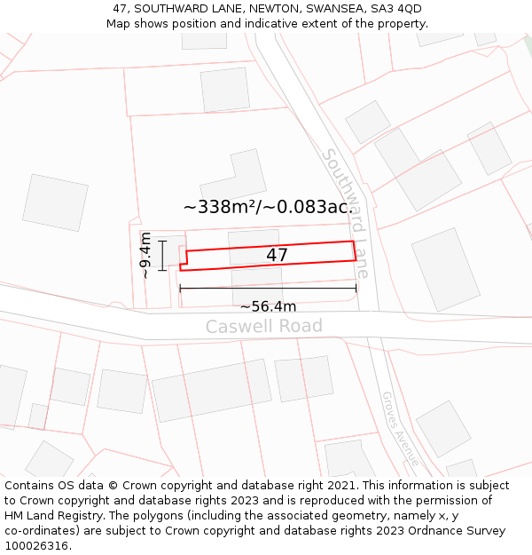 47, SOUTHWARD LANE, NEWTON, SWANSEA, SA3 4QD: Plot and title map
