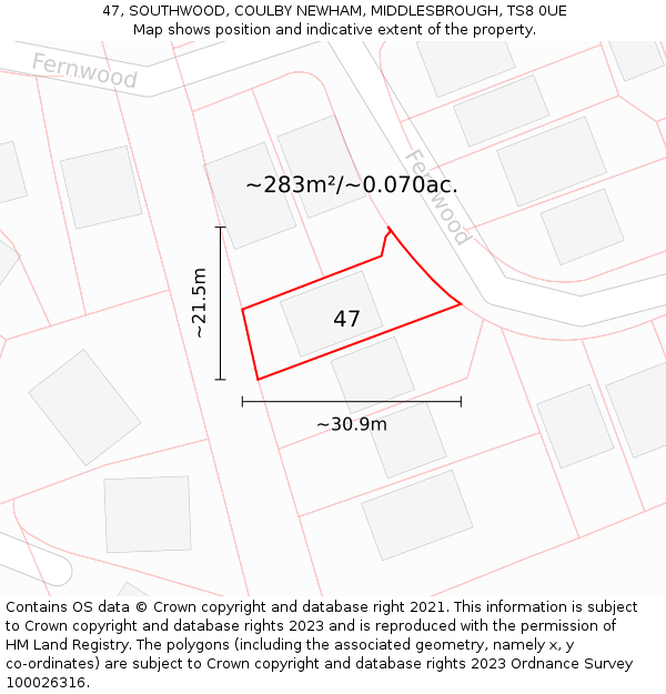 47, SOUTHWOOD, COULBY NEWHAM, MIDDLESBROUGH, TS8 0UE: Plot and title map