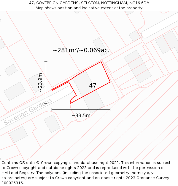 47, SOVEREIGN GARDENS, SELSTON, NOTTINGHAM, NG16 6DA: Plot and title map