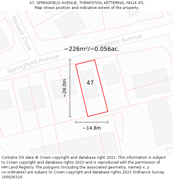 47, SPRINGFIELD AVENUE, THRAPSTON, KETTERING, NN14 4TL: Plot and title map