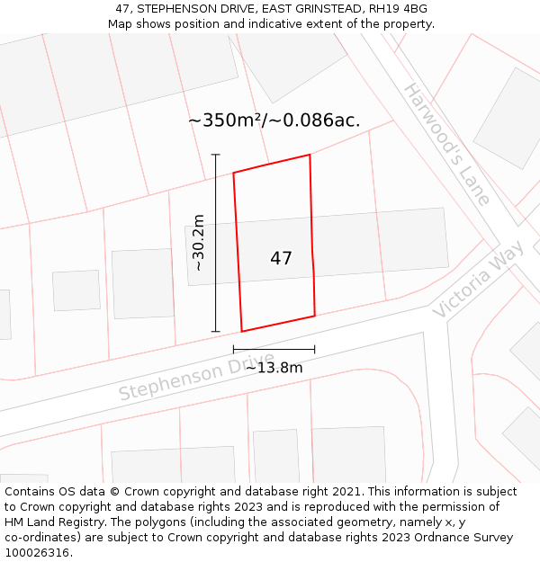47, STEPHENSON DRIVE, EAST GRINSTEAD, RH19 4BG: Plot and title map