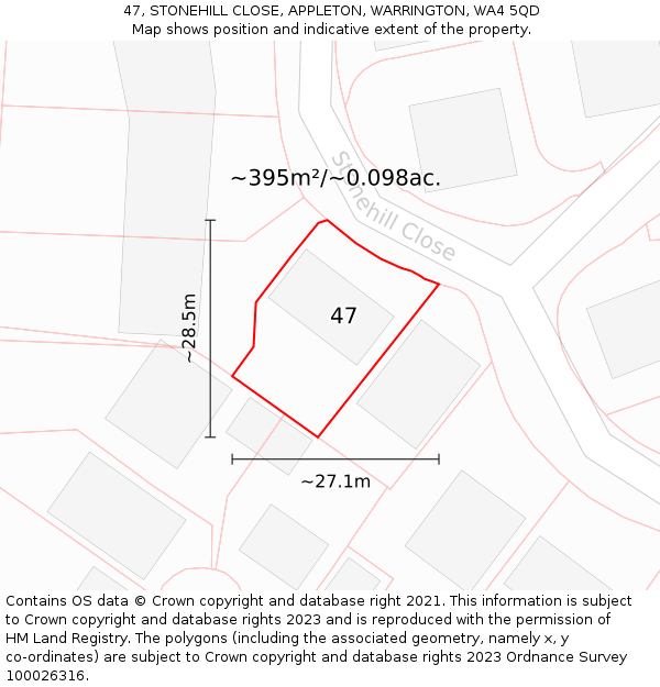 47, STONEHILL CLOSE, APPLETON, WARRINGTON, WA4 5QD: Plot and title map