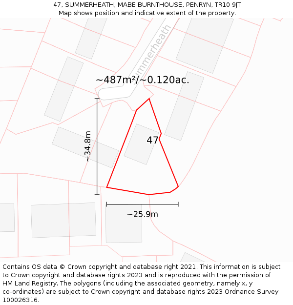47, SUMMERHEATH, MABE BURNTHOUSE, PENRYN, TR10 9JT: Plot and title map