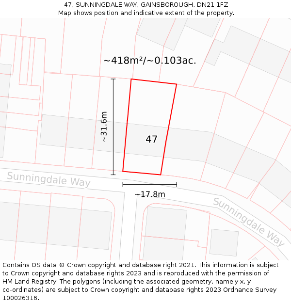 47, SUNNINGDALE WAY, GAINSBOROUGH, DN21 1FZ: Plot and title map