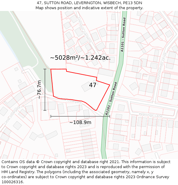 47, SUTTON ROAD, LEVERINGTON, WISBECH, PE13 5DN: Plot and title map