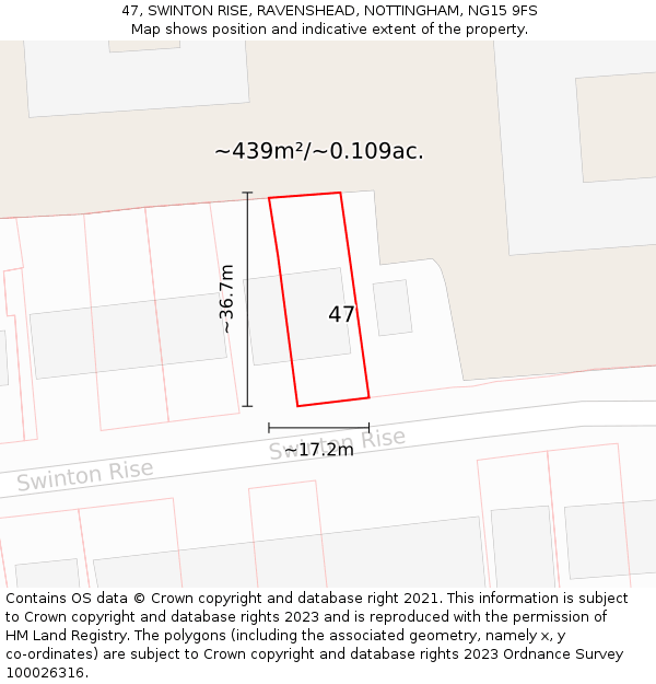47, SWINTON RISE, RAVENSHEAD, NOTTINGHAM, NG15 9FS: Plot and title map