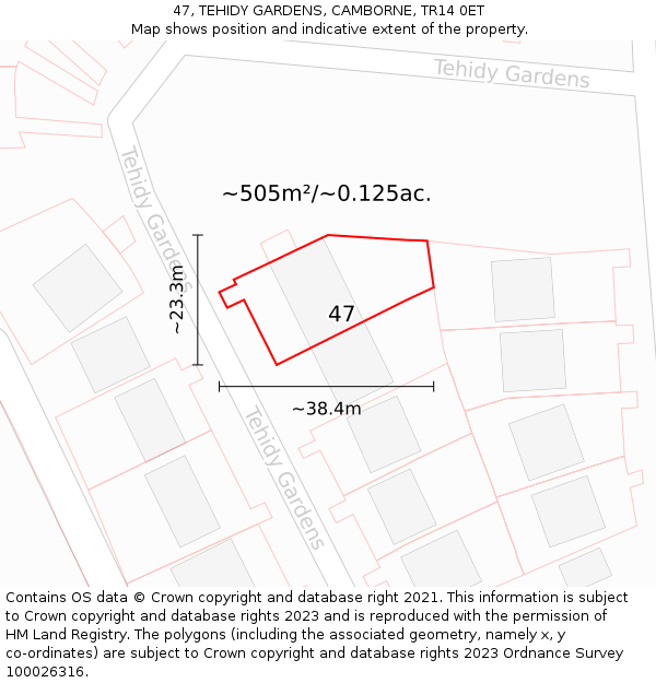 47, TEHIDY GARDENS, CAMBORNE, TR14 0ET: Plot and title map