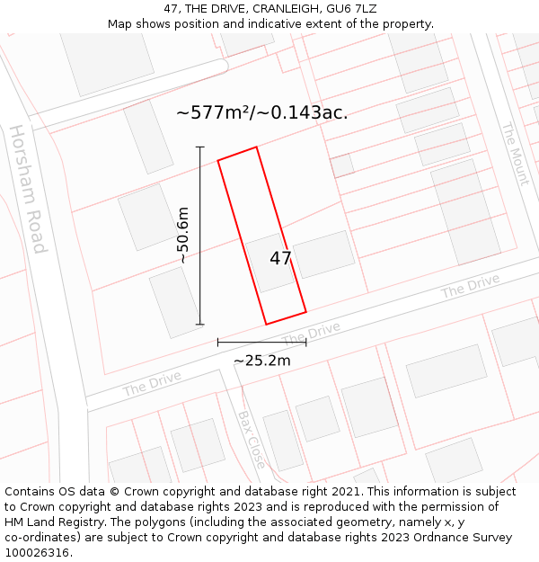 47, THE DRIVE, CRANLEIGH, GU6 7LZ: Plot and title map