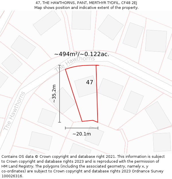 47, THE HAWTHORNS, PANT, MERTHYR TYDFIL, CF48 2EJ: Plot and title map