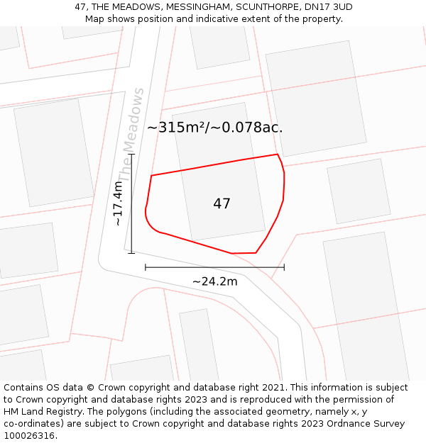 47, THE MEADOWS, MESSINGHAM, SCUNTHORPE, DN17 3UD: Plot and title map