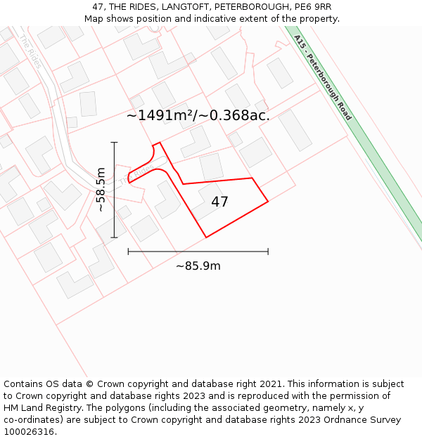 47, THE RIDES, LANGTOFT, PETERBOROUGH, PE6 9RR: Plot and title map