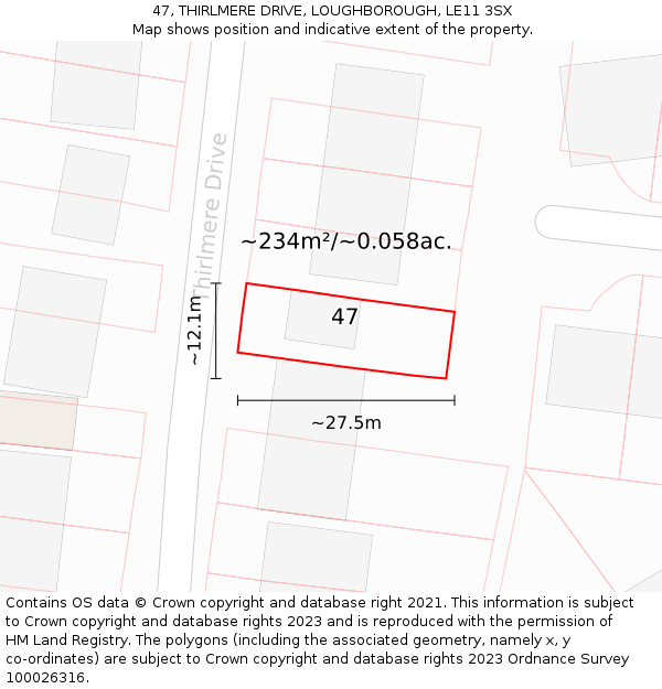 47, THIRLMERE DRIVE, LOUGHBOROUGH, LE11 3SX: Plot and title map