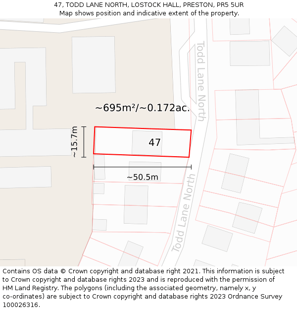 47, TODD LANE NORTH, LOSTOCK HALL, PRESTON, PR5 5UR: Plot and title map