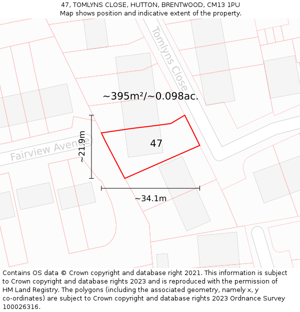 47, TOMLYNS CLOSE, HUTTON, BRENTWOOD, CM13 1PU: Plot and title map