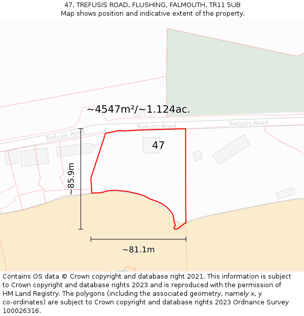 47, TREFUSIS ROAD, FLUSHING, FALMOUTH, TR11 5UB: Plot and title map